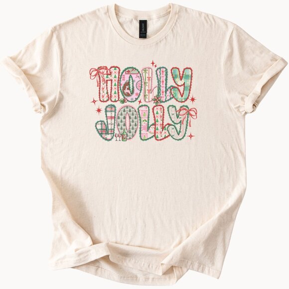 Holly Jolly Christmas Shirt Graphic Tee Festive Holiday Patchwork Lettering - Picture 1 of 6